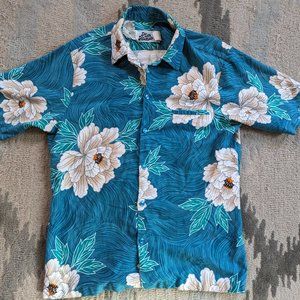 Hilo Hattie Woman's Large Teal Floral Print Aloha Shirt